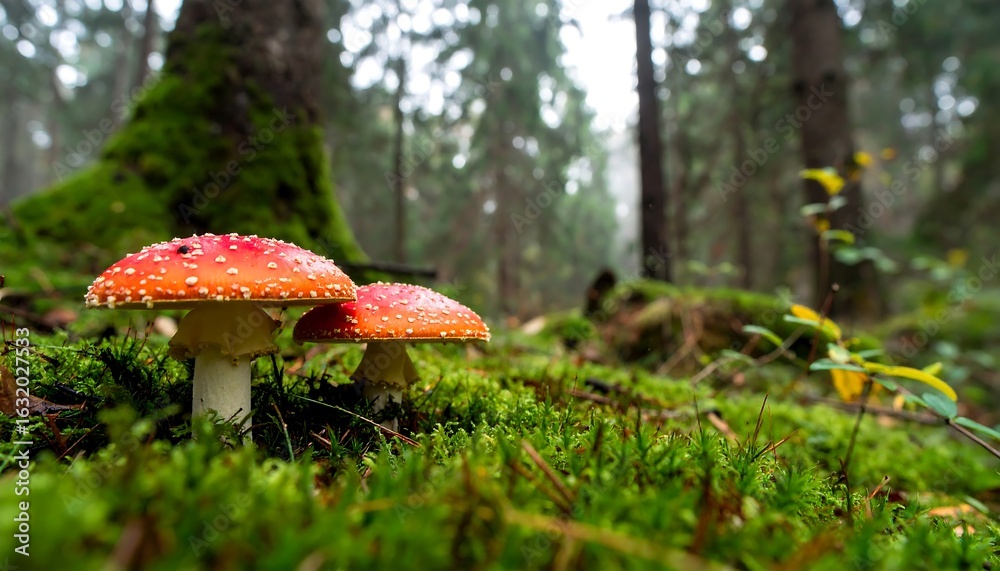 Fairytale Toadstools Glowing on a Verdant Moss Carpet in a Misty Forest Fairytale Toadstools Glowing on a Verdant Moss Carpet in a Misty Forest