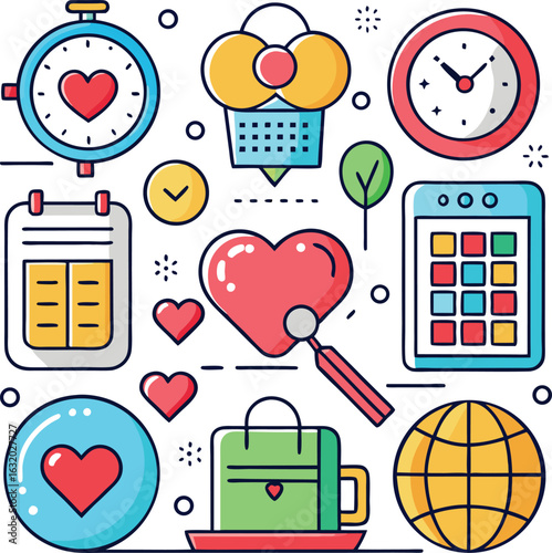 A vibrant collection of icons representing time management appointments and personal well being with a focus on love and health