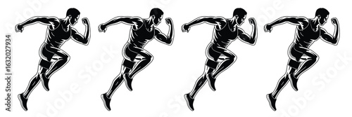 Four black and white illustrations of a male runner in motion