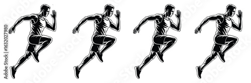 Black and white illustration of a male runner in motion