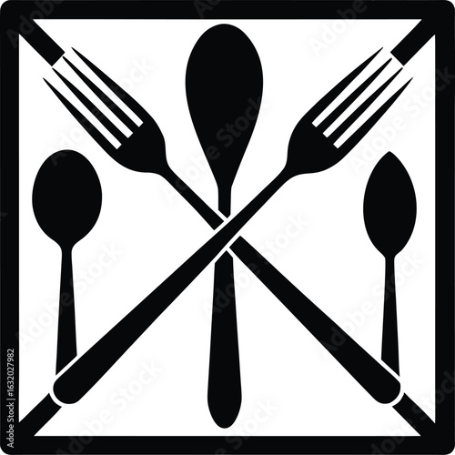 Stylized black silhouette of crossed forks and spoons against a white background with a black border