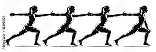 Woman performing lunges in sequence black and white