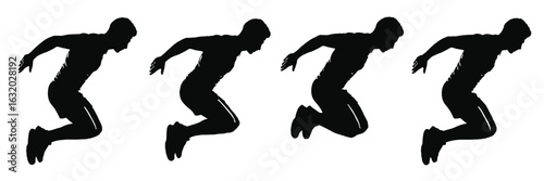 Four black silhouettes of a man jumping action sport