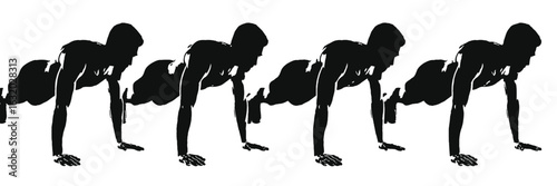 Four black silhouettes of people doing push ups exercise