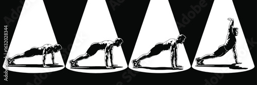 Man performing push up exercise in spotlight sequence