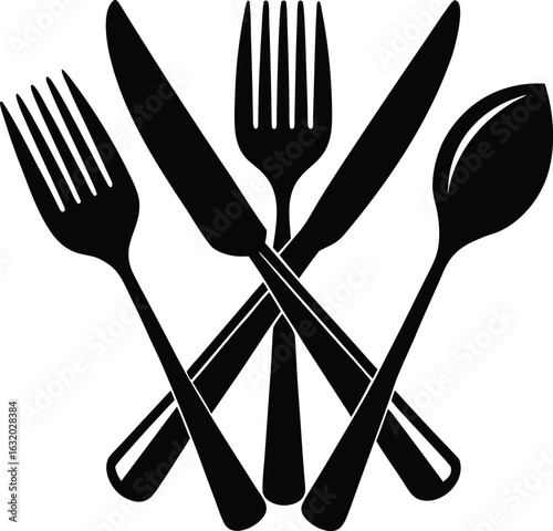 Classic silhouette of crossed silverware including forks knives and spoon for dining and culinary concepts