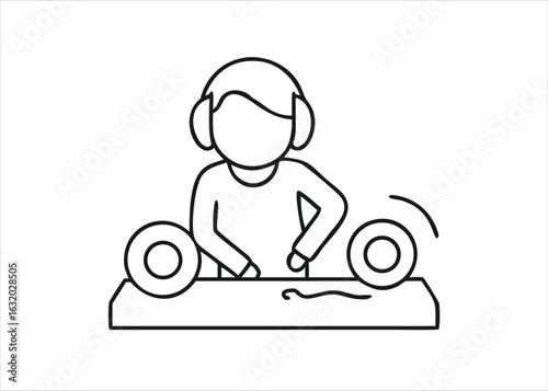 Detailed line art illustration of a disc jockey performing with audio equipment presented as a clean graphic design isolated on white background