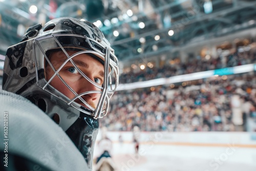 A close-up of a hockey goalie in a helmet, focused on the game. The arena is packed with a vibrant crowd