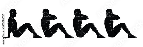 Four men doing sit ups in silhouette male fitness