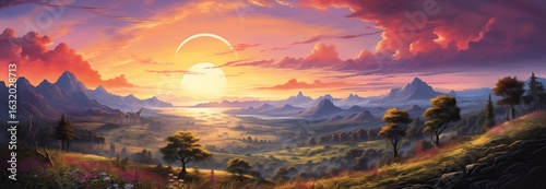 Breathtaking sunset over mountains and valleys, showcasing nature's beauty and vibrant colors in the sky.
