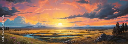 Breathtaking sunset over rolling hills, casting vibrant colors across the sky and reflecting on a tranquil river.