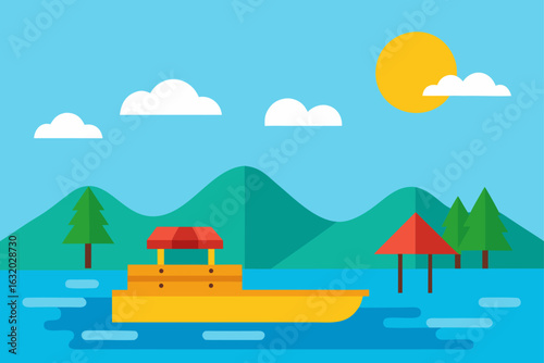 sunny lakeshore dock paddleboat lake