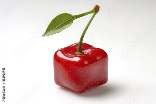 A digitally created cherry features a cube shape, retaining its vibrant red color and green leaf, set against a white background