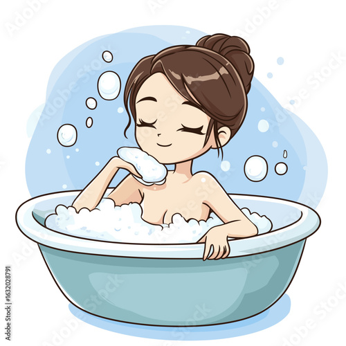 Relaxing cartoon girl in a bubble bath