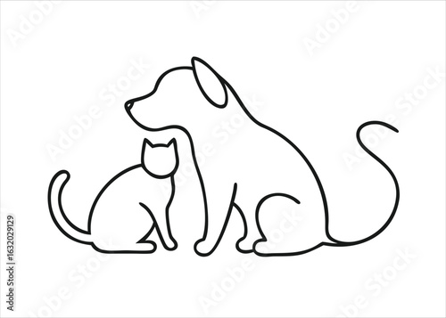Charming single line art depiction of a dog and cat companion animals interacting in a fluid continuous drawing style isolated on white background