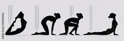 Four black silhouette yoga poses on light gray background