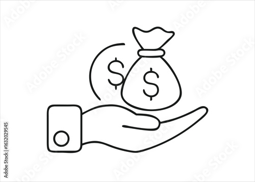 A simple line art illustration of a hand firmly grasping a money bag filled with currency isolated on white background