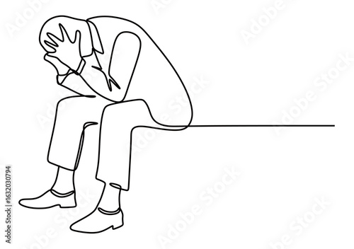 Continuous line art of a man who is stressed and tired of his work. The concept of exhaustion after a long day at work.	
