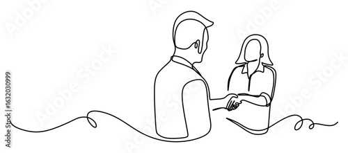continuous line art of a woman and a man shaking hands as a sign of agreement in their business. couple in love