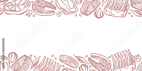 Border design with line art raw meat, salmon, garlic, tomato, pepper and herbs on white background. Perfect for restaurant wallpaper and delivery packaging.