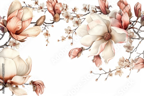 Delicate floral illustration featuring magnolia blooms styled in soft pastel colors on a white background.