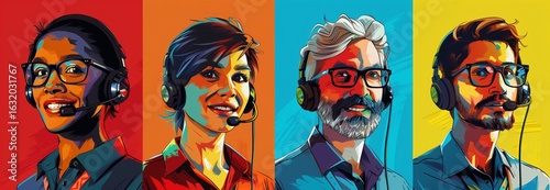 Diverse individuals in headsets providing customer support with vibrant backgrounds and colorful expressions.