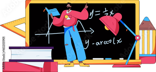 Enthusiastic math teacher explains equations on chalkboard with books, pencil, and lamp for a modern educational concept, perfect for online learning, tutoring services, and academic resources