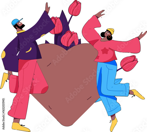 Celebrate love and connection with this trendy illustration of a stylish couple dancing around a floral heart, perfect for Valentine's Day, anniversaries, and expressing affection