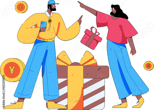 Two friends excitedly discussing a large gift, surrounded by lucky money, pointing towards future possibilities and shared success, representing prosperity, celebration, and joyful moments together