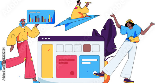 Dynamic team visualizing data insights and charting new courses for innovative web solutions, driving growth with collaborative brainstorming and creative problem solving for modern businesses