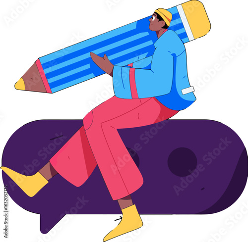 Engaging online learning concept with student holding large pencil, sitting on chat bubble, perfect for education technology, digital courses, and modern student lifestyle visuals