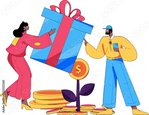 Invest in success and reap the rewards with this vibrant illustration of entrepreneurs receiving a large gift, symbolizing growth and prosperity from smart financial decisions and investments