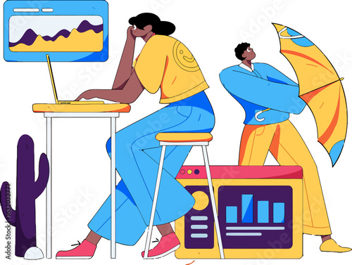 Dynamic duo analyzing market trends and strategizing investment decisions in a modern, vibrant workspace, showcasing teamwork, innovation, and financial growth potential for savvy investors