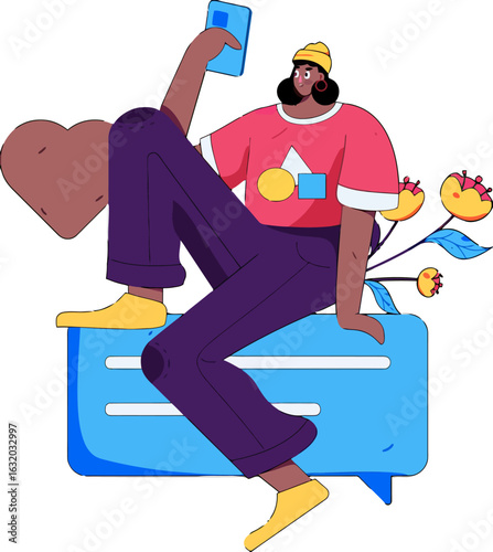 Stylish young woman enjoys connecting online, sharing love and positivity with her phone, creating a vibrant digital community, radiating happiness and modern youthful energy, embracing social media t