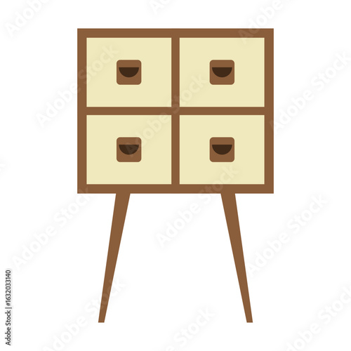 Retro style nightstand. Wooden nightstand with long legs.Isolated illustration for room interior design.