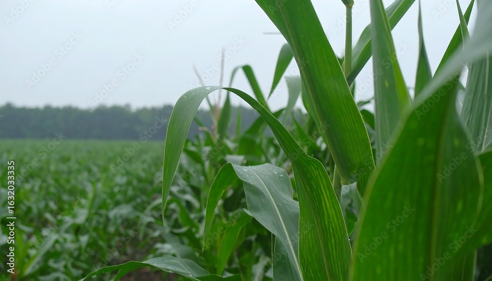 Fototapeta premium Raindrops on Arching Corn Leaves in a Vast, Green Field