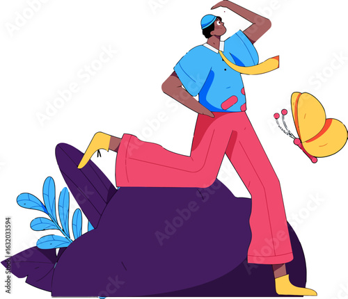 Dreamer gazing at the horizon with a sense of wonder and optimism as a butterfly flits by, representing hope, transformation, and new beginnings, perfect for inspiring creativity and positivity