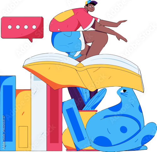 Inspiring student surfing on knowledge, embracing education with playful energy, reading and learning, creative student with books and seal, student mastering knowledge, message cloud