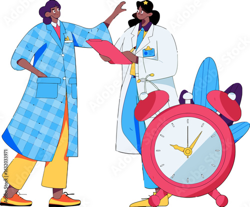Two doctors discussing patient care with a focus on time management and deadlines, suitable for medical, healthcare, or business presentations emphasizing efficiency and collaboration in the medical f