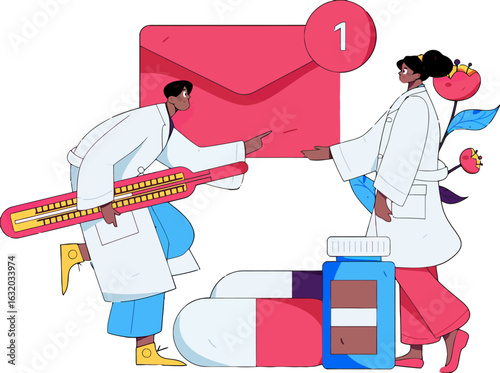 Modern medical team communicating about new patient information, doctors collaborating with thermometer and medication, digital health solutions for patient care, innovative telemedicine practices