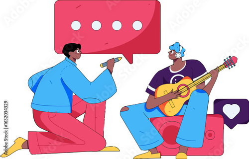 Creative collaboration between friends making music and writing lyrics, empowering the next generation of artists together, an illustration for a collaborative artistic project