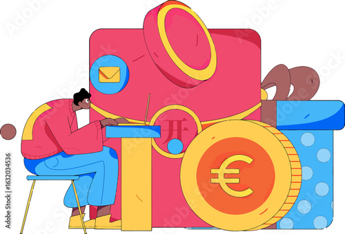 Unlock financial success online with modern and cheerful illustration of person working toward goals with gifts and euro coin, perfect for blogs, websites, and social media content