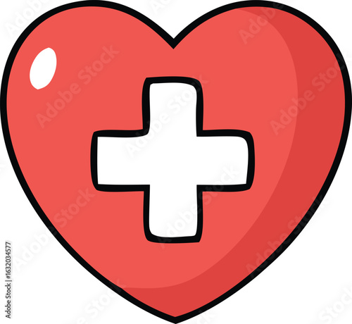 Red heart with white medical cross symbol illustrating health care and well being