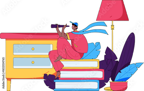 Inspiring young student with telescope envisions future success, sitting on books in colorful room, exploring opportunities and dreams, modern education, academic achievement, creative learning