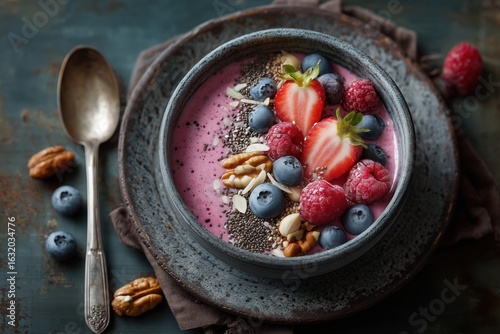 flat lay of healthy smoothie bowl with berries nuts chia seeds on rustic table