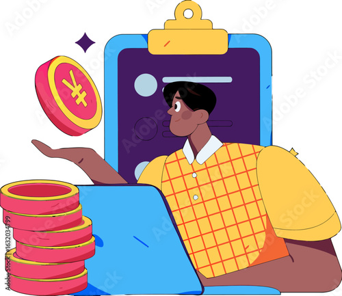 Enthusiastic financial analyst managing yuan currency gains with data-driven insights, charting success and wealth growth in a vibrant, modern business environment, ensuring prosperous returns