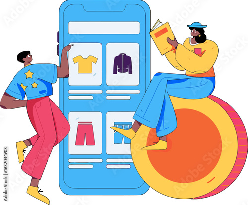 Stylish friends enjoy online clothes shopping using a modern mobile app, exploring the latest fashion trends and curated collections from the comfort of home on their smartphones