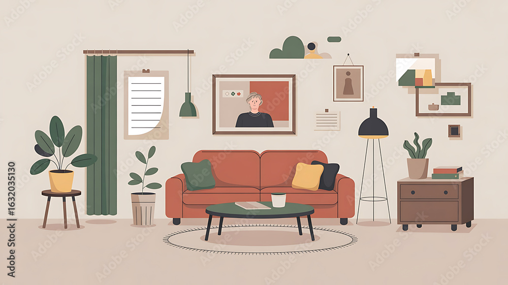 Fototapeta premium Cozy living room with terracotta sofa, plants, and art. 