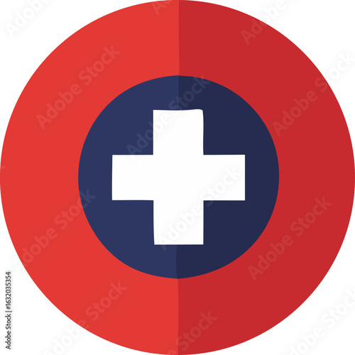Red and blue circular target with a white cross emblem symbolizing medical assistance and safety