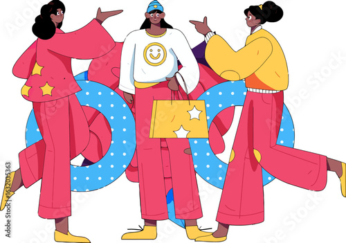 Funky friends ready for shopping spree with stylish outfits and reusable bag, radiating positive vibes and cheerful energy, perfect for fashion blogs, lifestyle content, and modern design projects